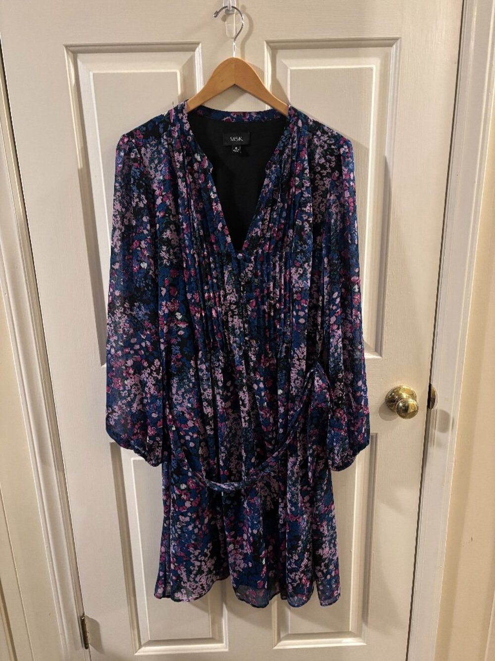 MSK Women's Navy Blue/Purple Floral Long Sleeve Tie Waist Dress - 16